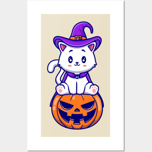 Cute Cat Witch Sitting On Pumpkin Cartoon Posters and Art